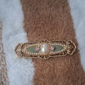 Gold-Tone Pearl & Pink Rose Leaf Brooch